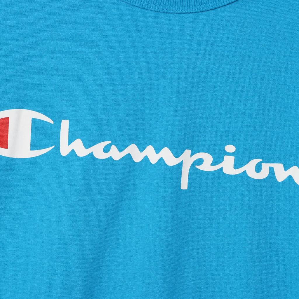 Champion Script Logo Short Crew Binder Rubber Aqua Size 160 Kids' T-Shirt, Sleeve, Neck, 100% Cotton, Neck, Print, Basic, Blue, (CK-Z302)
