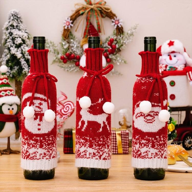 Set of 3 Festival Knitted Wine Bottle Sleeves With Gradual Color Featuring Santa, Snowmans, and Reindeers Wine Bottle Cover