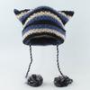 Knit Striped 3D Cat Ear Hat Elastic Windproof Hat with Pom Pom Decor Ear Protector Hat Winter Cycling Skiing Hat