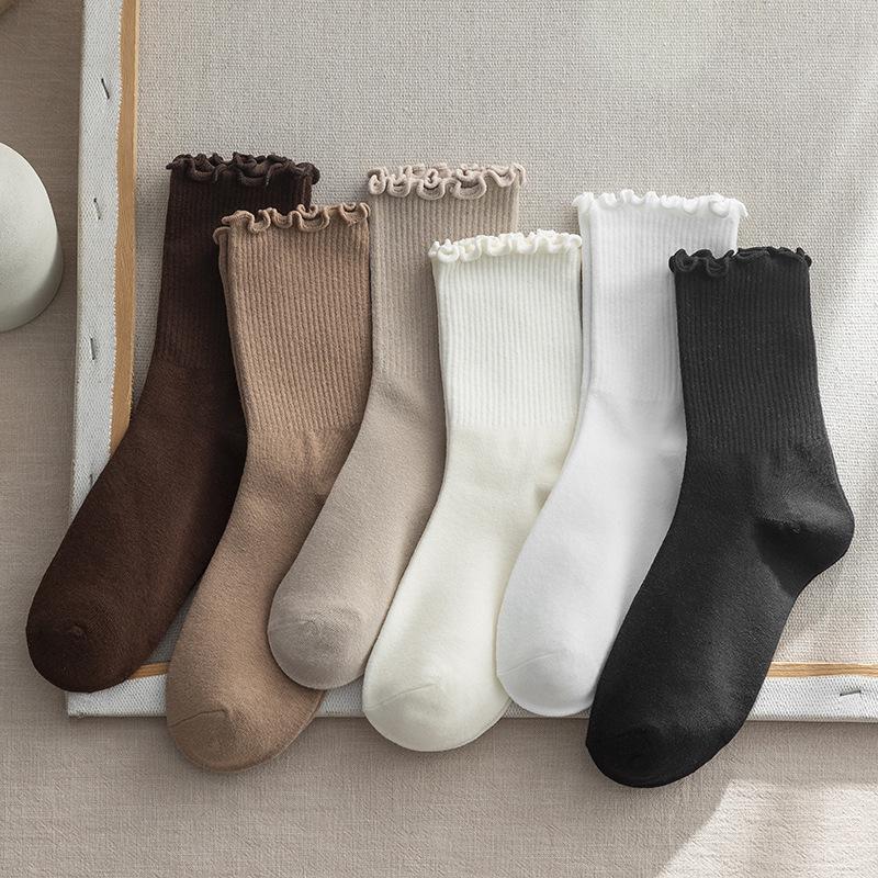 Women's Cute Japanese Style Ruffle Mid-Calf Lace Socks - Solid Color, Warm for Autumn & Winter