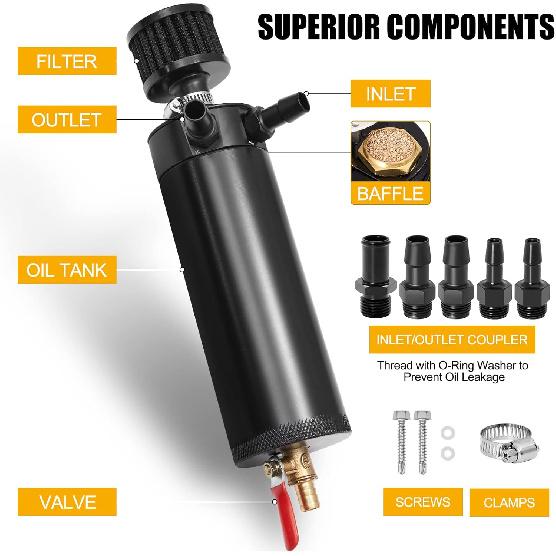 Universal 2 Port Aluminum 750Ml Baffled Oil Catch Can Reservoir Tank With Breather Filter And Drain Valve