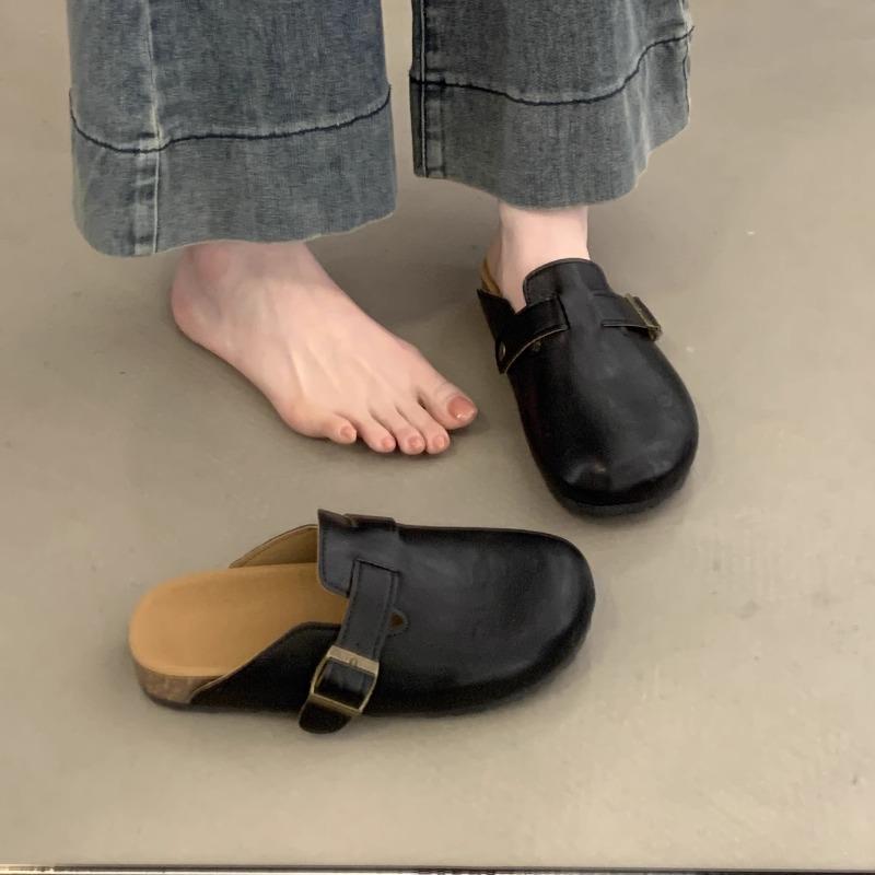 Autumn New Baotou Slippers Women's Fashion Round Toe Deep Mouth Metal Buckle Soft Sole Non-slip Flat Shoes