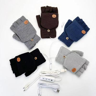 USB Electric Heating Gloves for Adult Students Knitted Half-finger Flip Bear Paw Double-sided Heating 3-speed Temperature Adjustment Optional