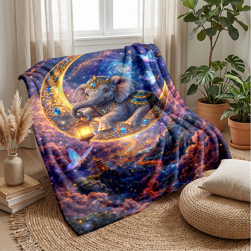 Elephant In Van Gogh Style Night Theme Blanket Lightweight Warm Flannel Blanket Decorative Throw Blanket for Home Decoration
