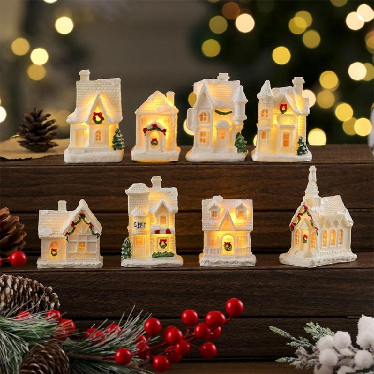 Casas de Resina em Miniatura Luz de Natal Edifício Iluminado Figura para Presente de Feriado Infantil Decoração de Festa Sazonal