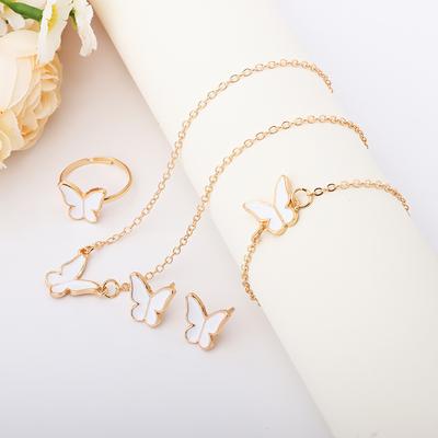 Elegant 4 Pieces Butterfly Jewelry Set Pendant Necklace with Stud Earrings Wrist Bracelet Ring Vivid Designing for Her