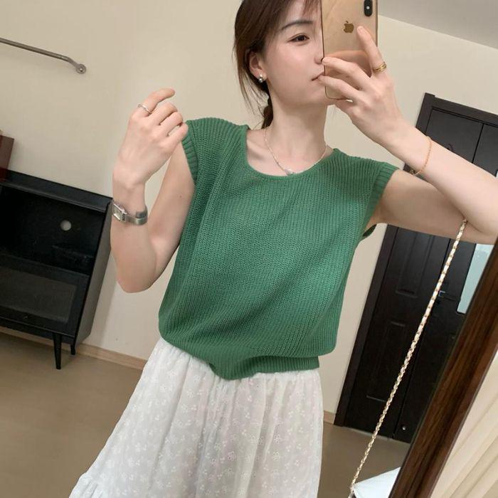 Women's High-End Ice Silk Blue Knit U-Neck Short-Sleeve T-Shirt - Summer 2025 Collection