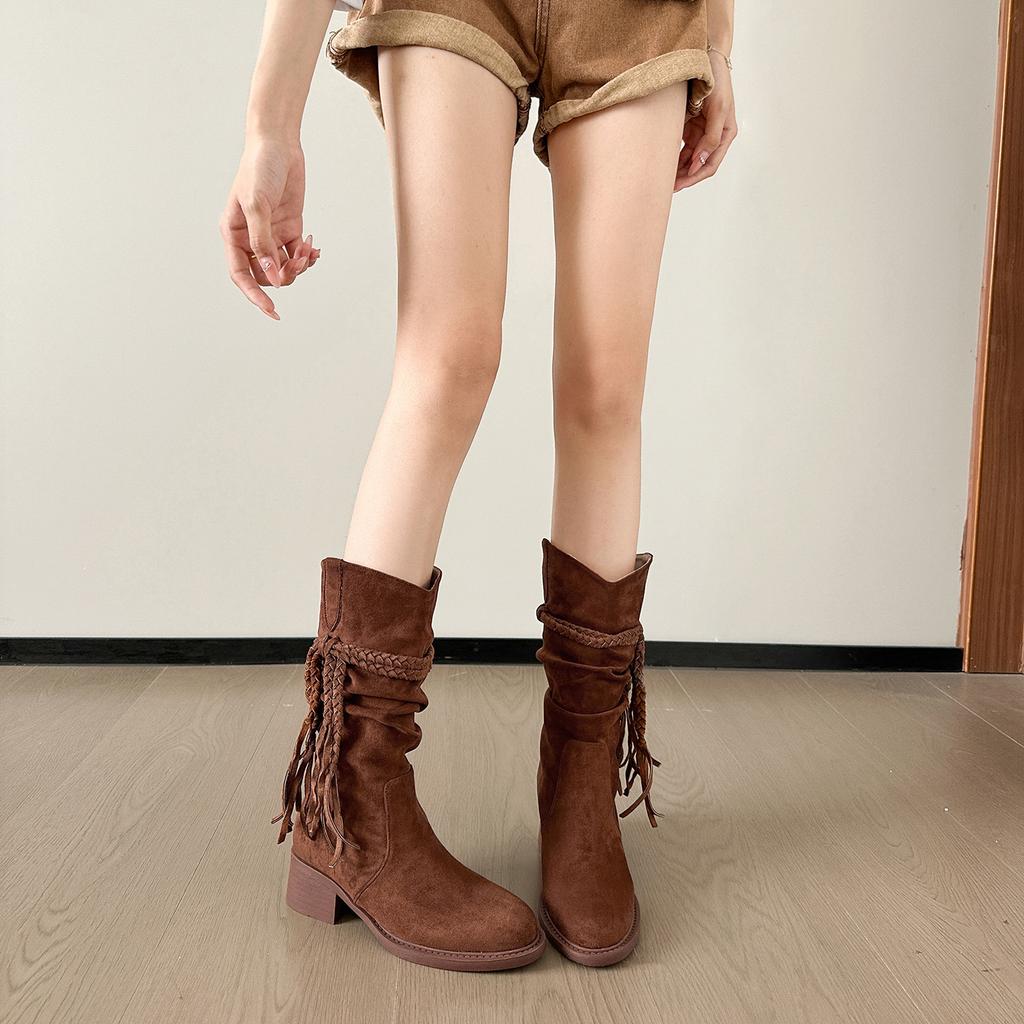 Spring and Autumn Platform Boots Women's Discarded Retro Style Knight Boots Frosted Tassel Hemp Rope Coarse Heel Medium Boots Women's Boots
