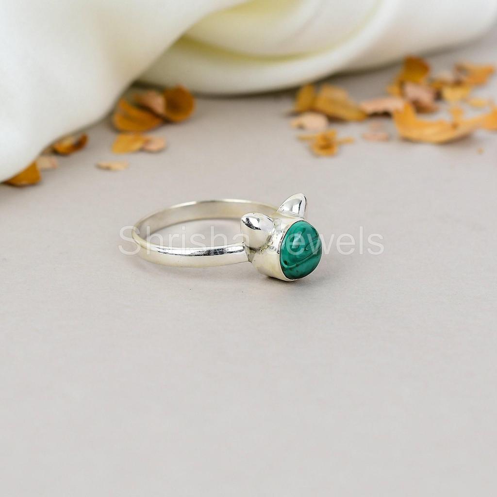 Cat Ring, Green Malachite Gemstone Round Shape 925 Sterling Silver Handmade Jewelry Ring For Women