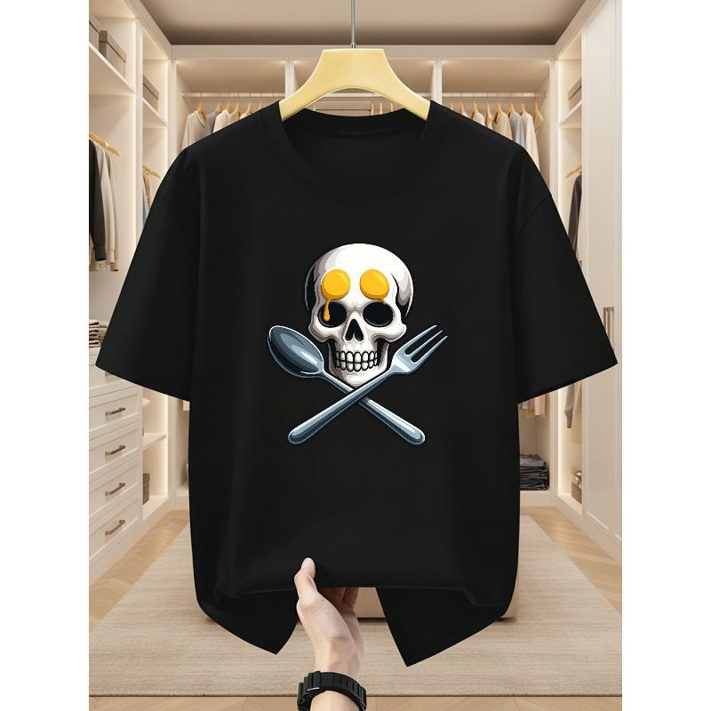 Men'S T-Shirts Creative Skull And Cutlery Print Round Neck Short Sleeve Tee Comfortable Casual Short-Sleeved T-Shirt for Summer