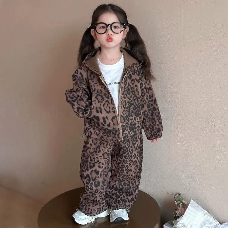Spring Autumn Girls'  Kids Leopard Pattern Suit Coat+trousers Pants Sets Comfortable Cute Baby Clothes Children Clothing Sportswear Two-piece Set