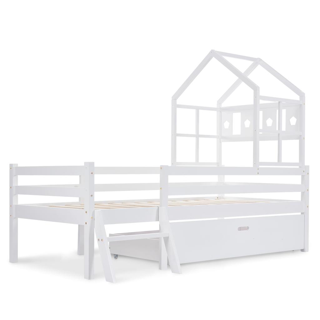 House Bed Children's Bed with Ladder and Drawers, incl. Slatted Frame, Solid Wood Loft Bed with Fall Protection 90x200cm White (without Mattress)