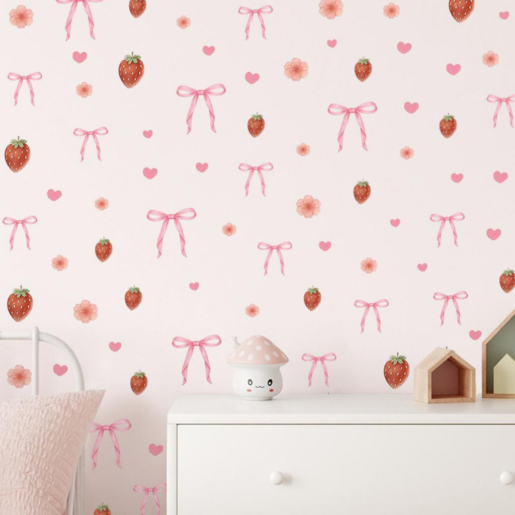 Wall Stickers, Self-Adhesive Strawberry Heart Decals for Girls Bedroom and School Decor, Cute Room Decor