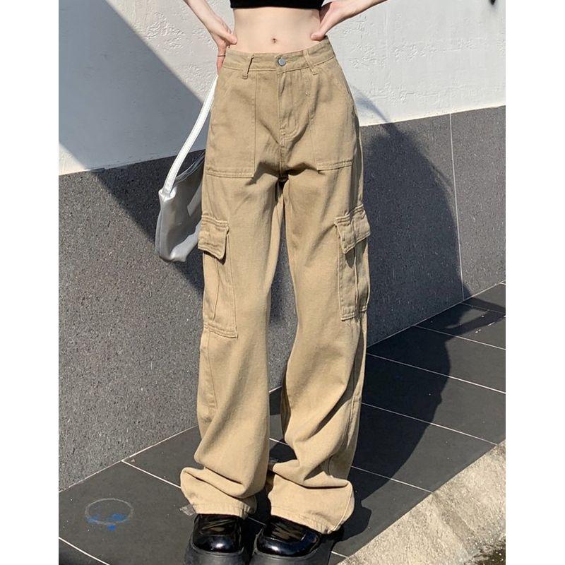 

Европейский и американский уличный стиль, женские джинсы карго цвета хаки, осенние, с маленькой высокой талией, облегающие, свободные прямые широкие брюки Khaki S