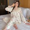 Autumn Spring Pajama Women New Golden Velvet Girls Lace Loungewear Set Square Neckline Sweet Leisure Loose Comfort Homewear Suit