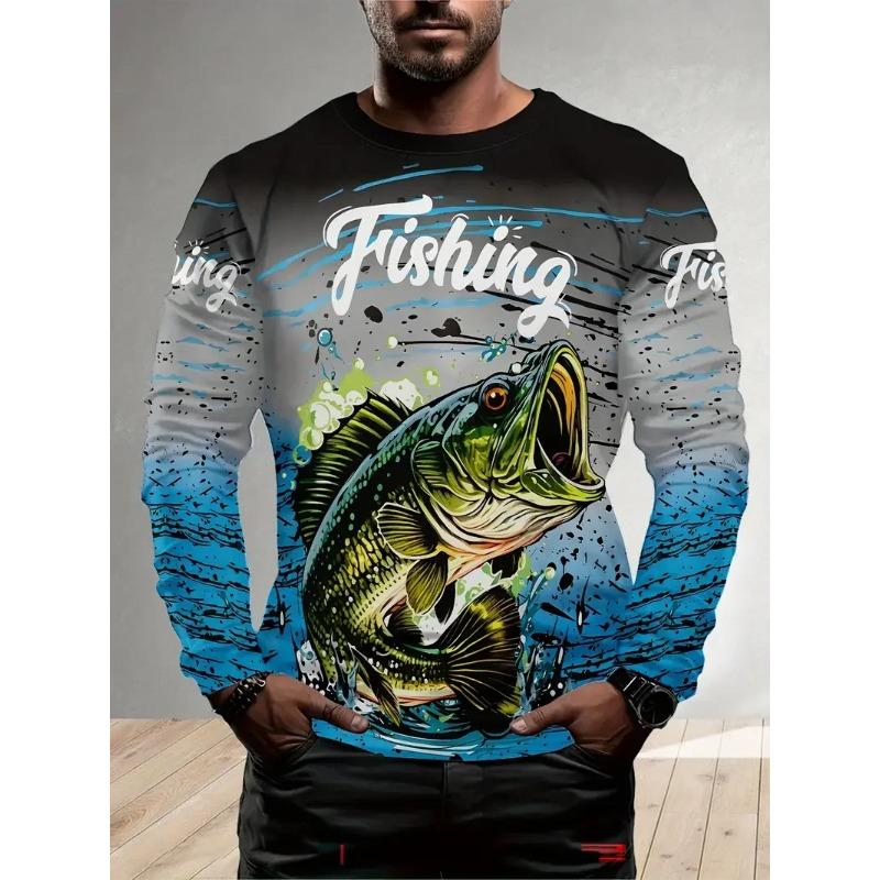 Outdoor fishing 3D fish print men's casual loose round neck long sleeved T-shirt
