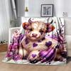 1pc Romantic Highland Cow Heart Print Blanket Perfect for Home Decor, Couch Cover, Outdoor Use .W046