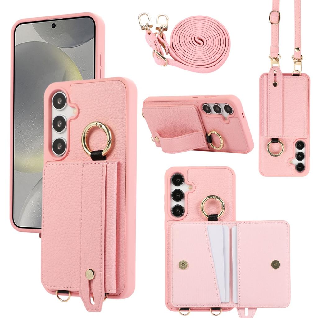 For Samsung Galaxy S24 S25 Plus Case PU Leather Wallet Bag Grip Strap Holder Neck Long Crossbody Lanyard Ring Clasp Cover