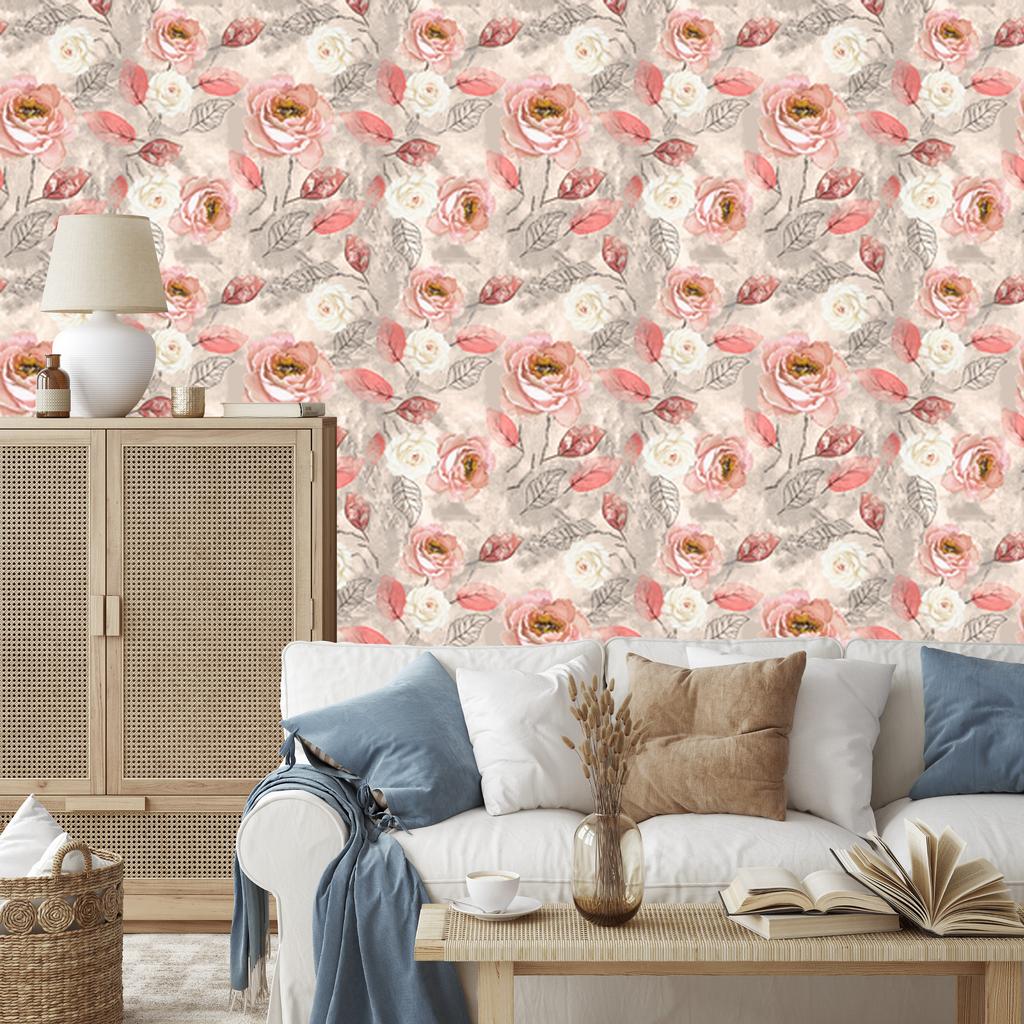 Watercolor Roses Wallpaper with Leaves for Living Room and Bedroom 50x1000