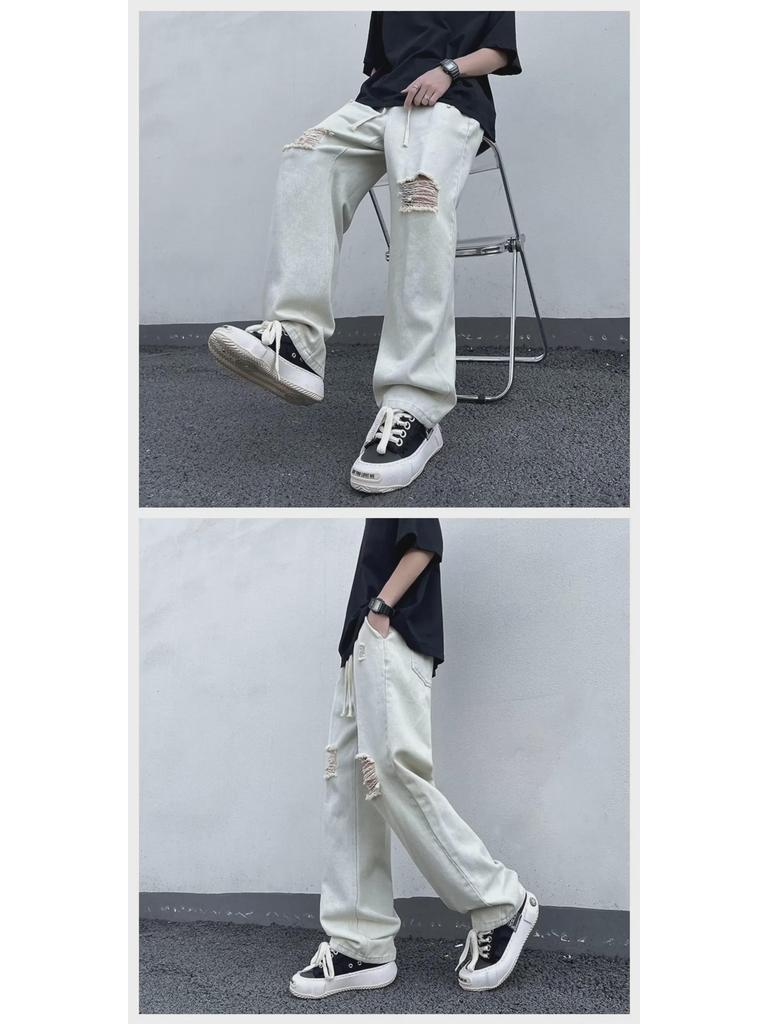 Men's Summer Korean Straight Casual Pants - Retro American Style Ripped Jeans