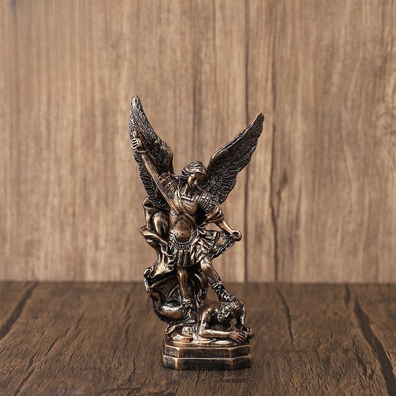 Christian San Miguel Arcangel Statue Retro Bronzed Saint Michael Angel Resin Figurine Home Blessing Decoration Desktop Ornaments