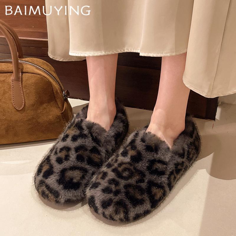 Fur Leopard Flats Women Cotton Loafers Shoes Short Plush Designer Casual Shoes 2025 Trend Walking Warm Cozy Winter Botas Mujer