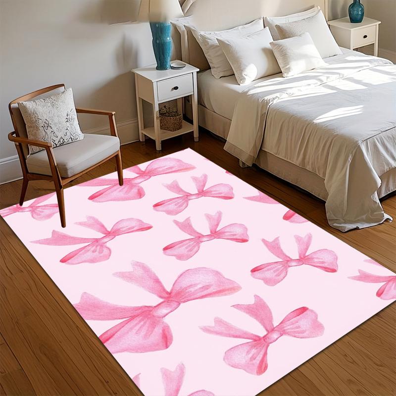 Pink Bow Area Rug for Living Room Bedroom Cute Coquette Aesthetic Feminine Home Decor Soft Non Slip Washable Floor Mat