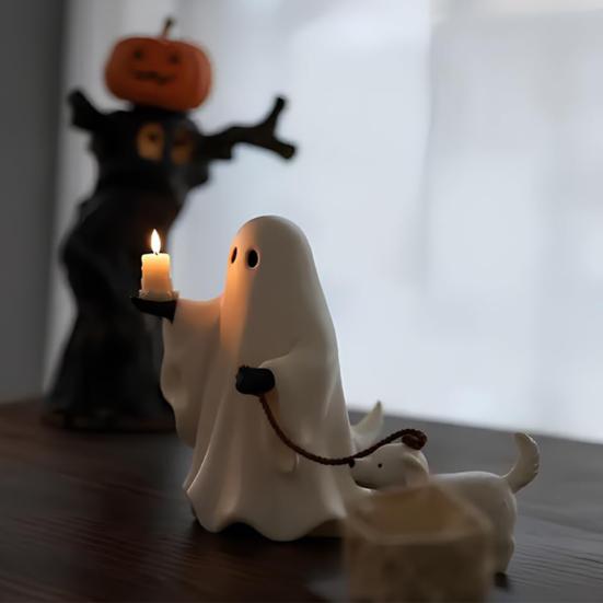 Ghost Pup Candle Holder Cute White Ghost Walking Dog Candlestick Resin Tabletop Figurine for Halloween Home Shelf Desk Decor