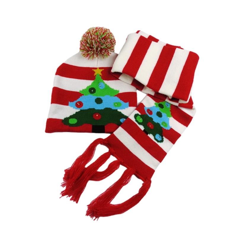 Chapeau Tricoté Chaud de Noël Écharpe à Pompons Bonnet Bébé Chapeau Bonnet avec Pompon et Ensemble Écharpe de Cou pour Enfant 3-10 Ans