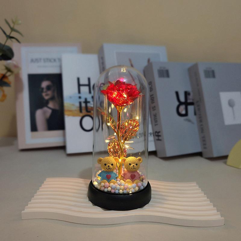 Eternal Flower Glass Lamp Plastic Cover Night Light Rose Simulation Flower With Bear Valentine Day Gift For Girlfriend