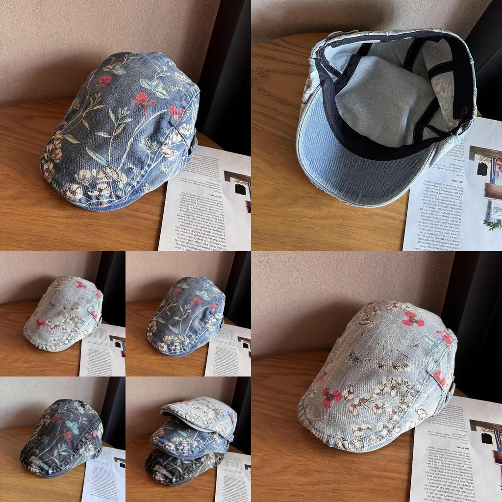 Ethnic Style Denim Cotton Cap With Floral Print For Streetwear And Sun Protection