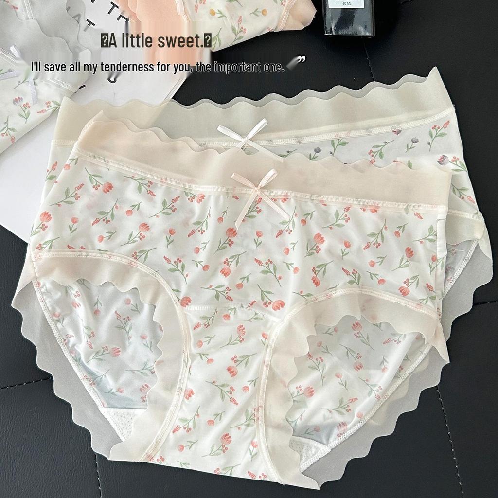 New Floral Ice Silk Girls' Underwear, Mid-Waist Seamless, Cute, Breathable, Hip-Hugging, Thin, Antibacterial Crotch, Pastoral Style