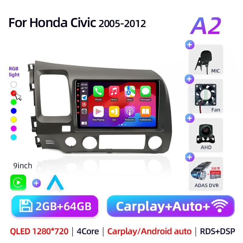 9" Android 12 Carplay Car Stereo Radio for Honda Civic 8 2005 - 2012 Multimedia Player Navigation GPS 2 Din 4G Audio DVD