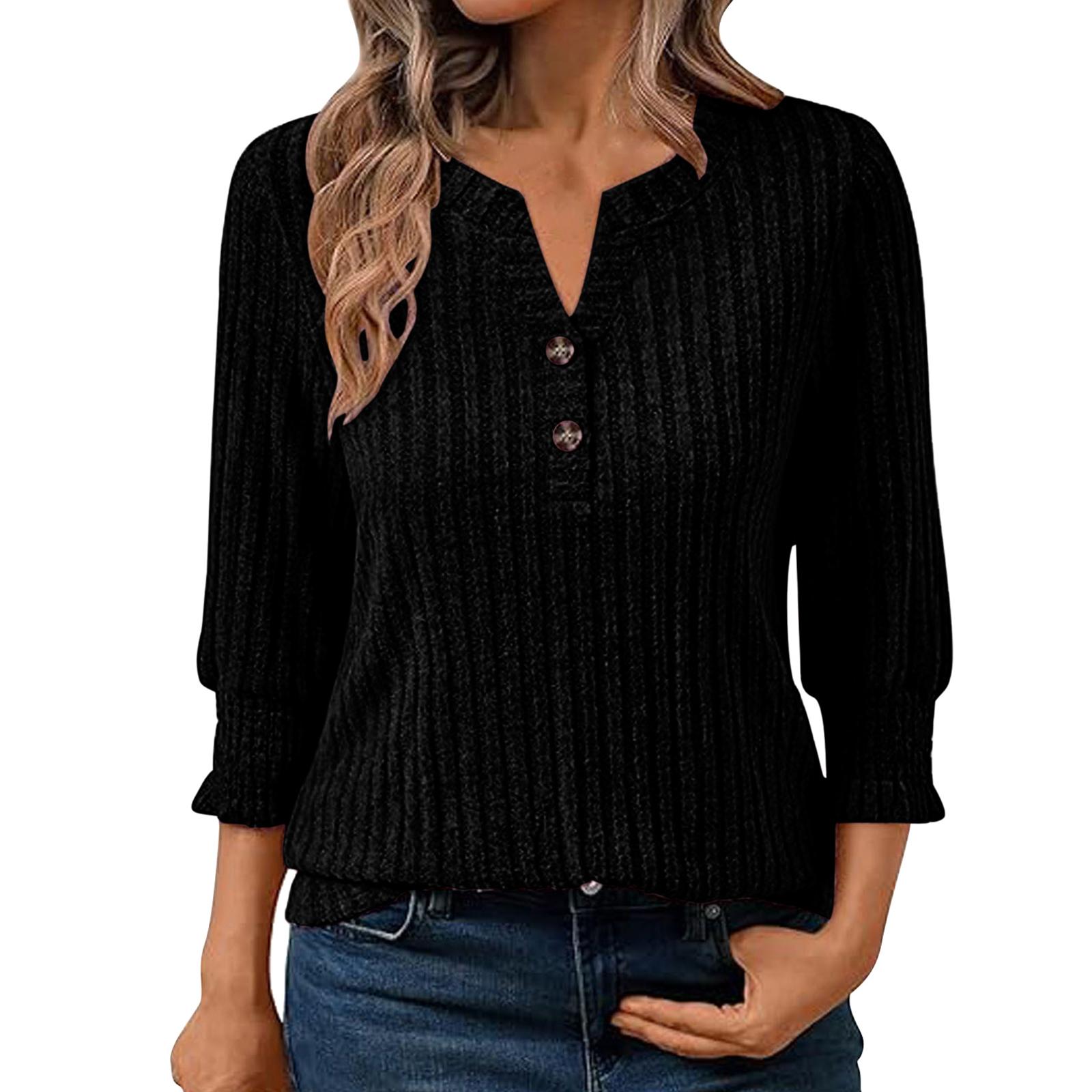 

Women s Casual Top Solid Color V-neck Button Up Seven Quarter Sleeve Top XXL чёрный