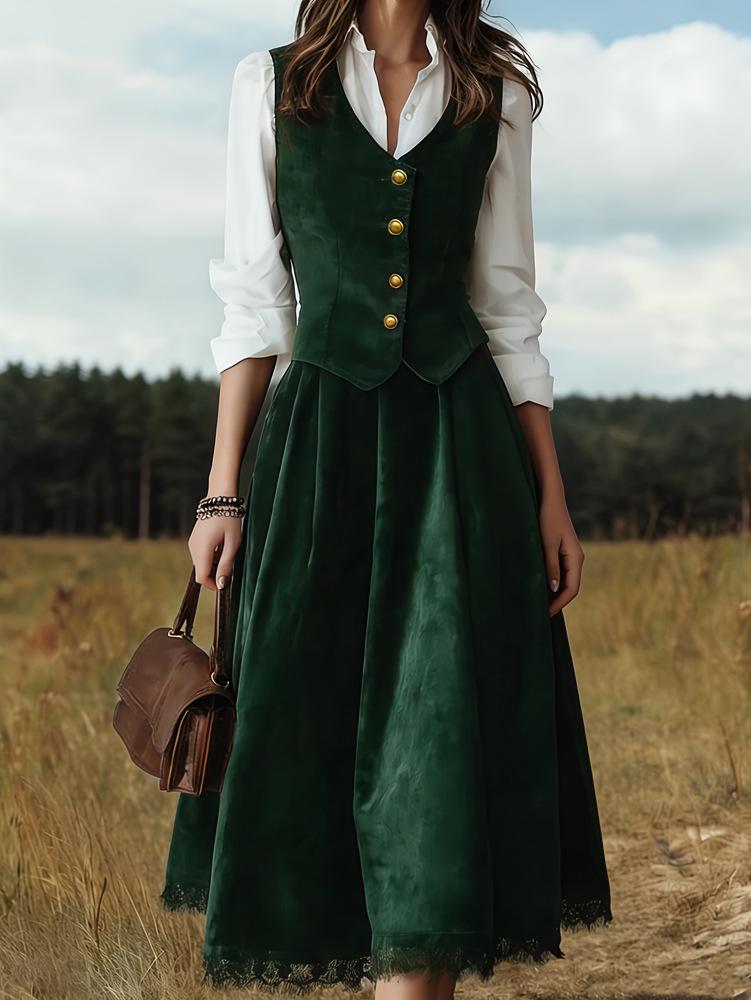 Женский ретро-комплект из жилета и юбки «Горный дух» Весна 2026 M зелёный