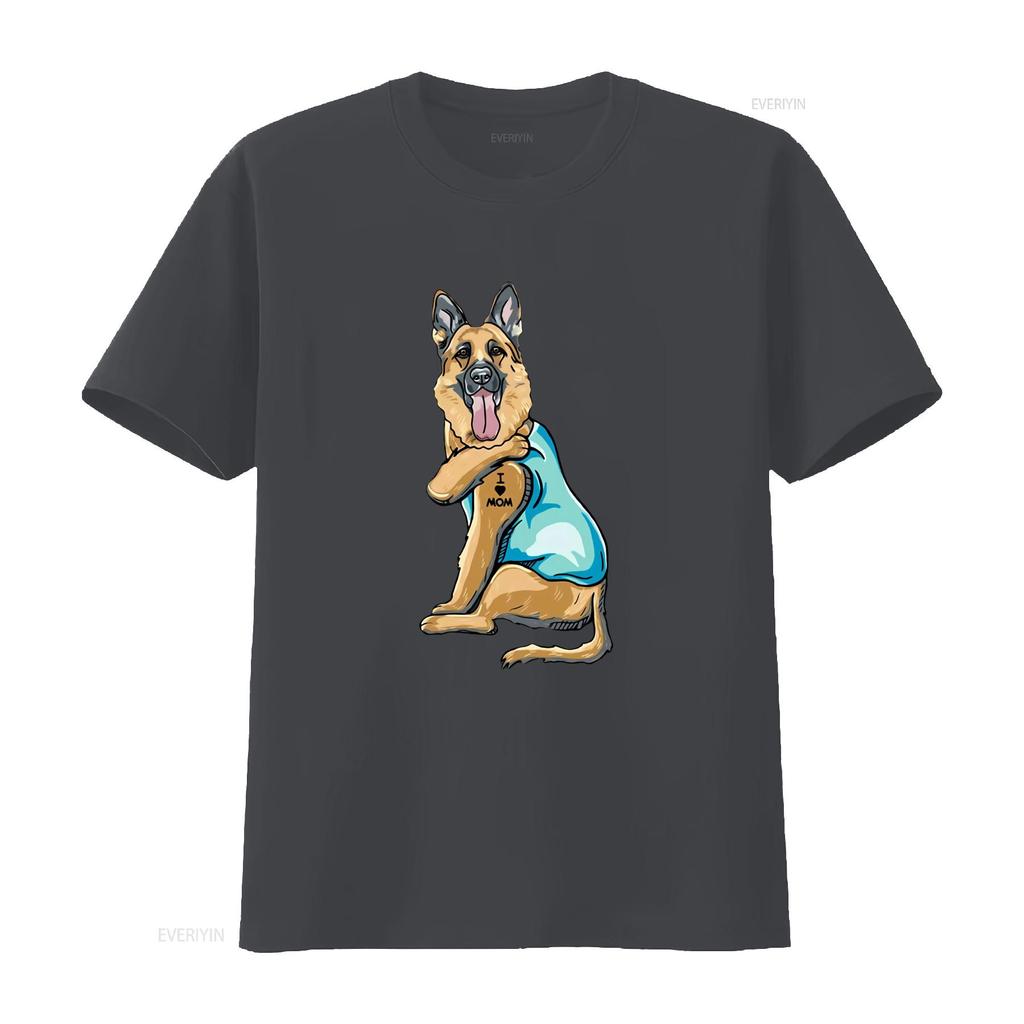 Funny Cartoon GerUnisex Shepherd I Love Mom Tattoo Print Casual T Shirt vintage Washed homme graphic designer clothes Stylish