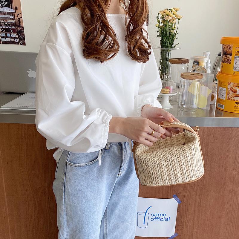 Summer Small Straw Handbag Trendy Shoulder Bag Woven Bucket Crossbody Bag Casual Seaside Beach Bag ARI