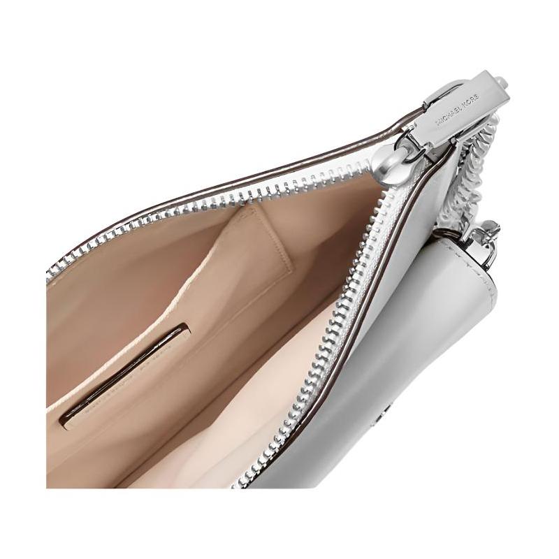 MICHAEL KORS Jet Set Silver Tone Metal Chain Leather Clutch Large Women's White