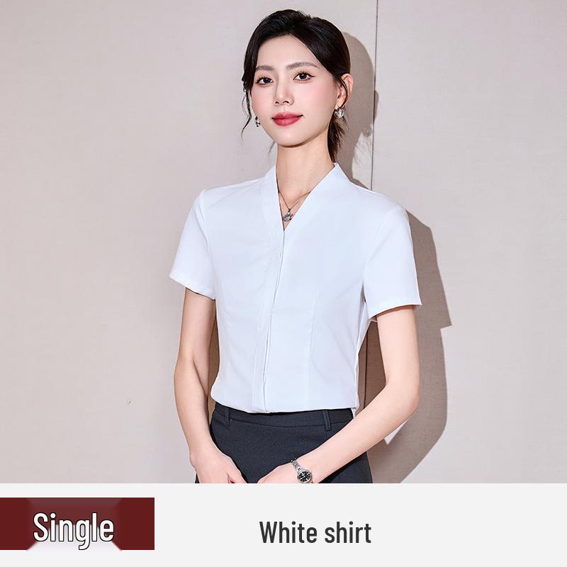 

Женская белая шифоновая рубашка с V-образным вырезом и короткими рукавами - Летний формальный базовый слой Small