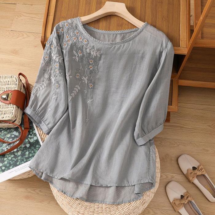 

Женские вышитые хлопково-льняные блузки свободного кроя с коротким рукавом, футболка в стиле ретро, приталенные рубашки с круглым вырезом XXXXL серый