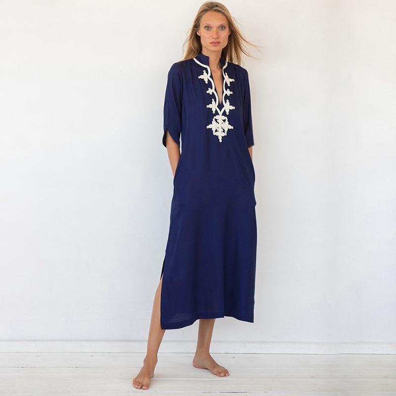 European & American Rayon Stand-Up Collar Embroidered Long Beach Robe for Women