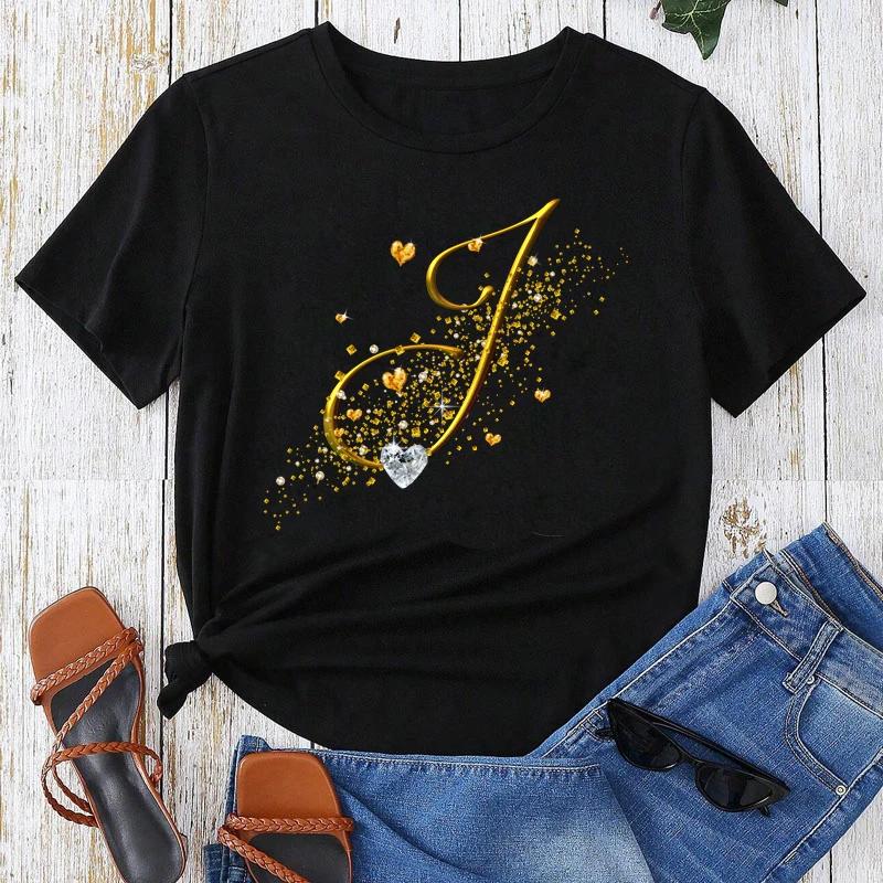 Custom Name Letter Combination Gold Letter Font Short Sleeve Tops Black T-shirt Female Tops