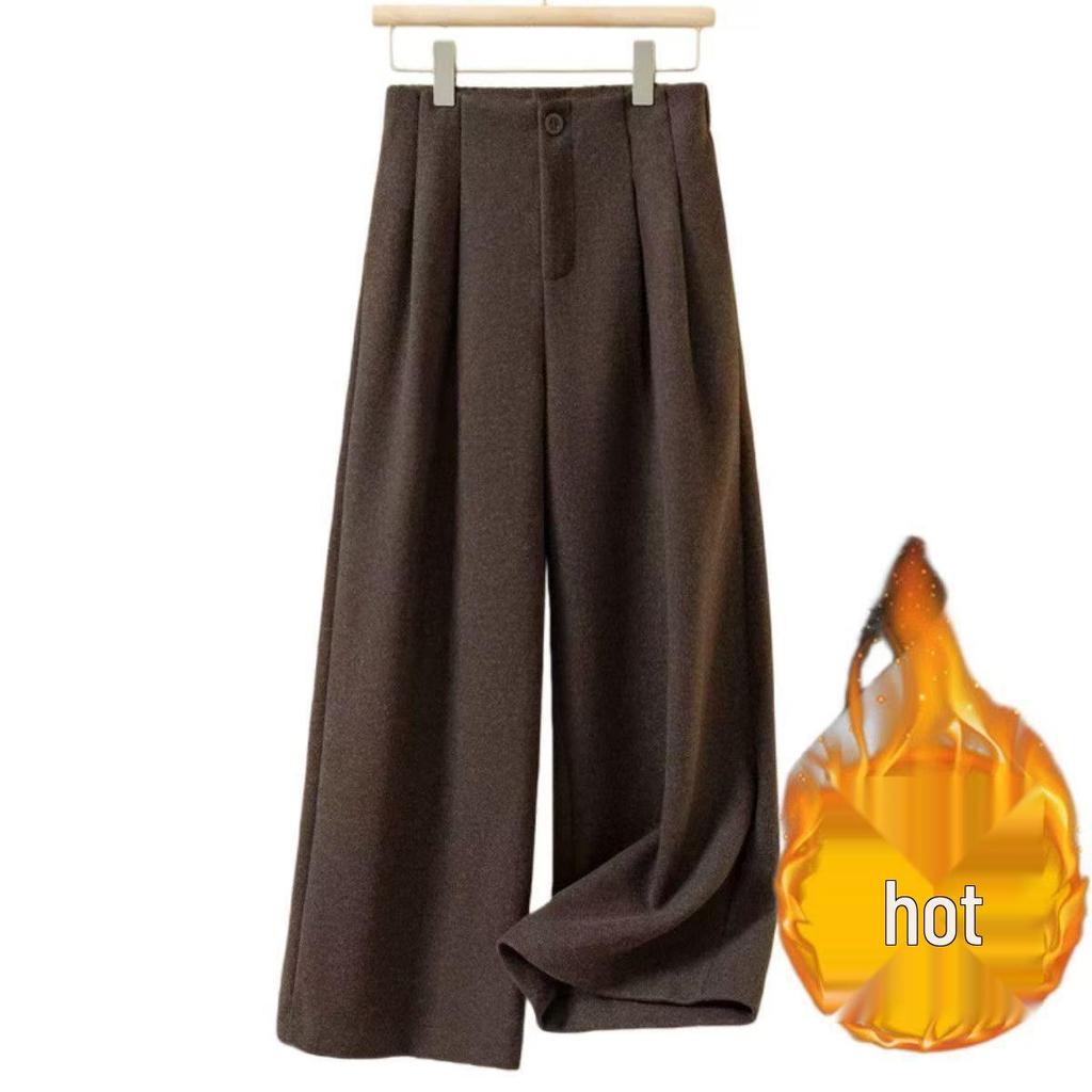 Women's Deep Gray Wool Blend Wide-Leg Pants - Autumn/Winter Drape Loose Casual Thick Long Pants