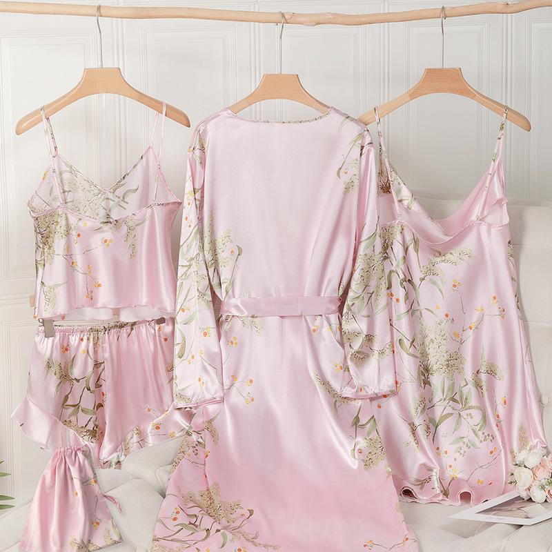 Elegant Women's Spring & Autumn Ice Silk Pajama Set: Long Sleeve Camisole Nightdress & Robe, 5-Piece Luxury Home Wear.