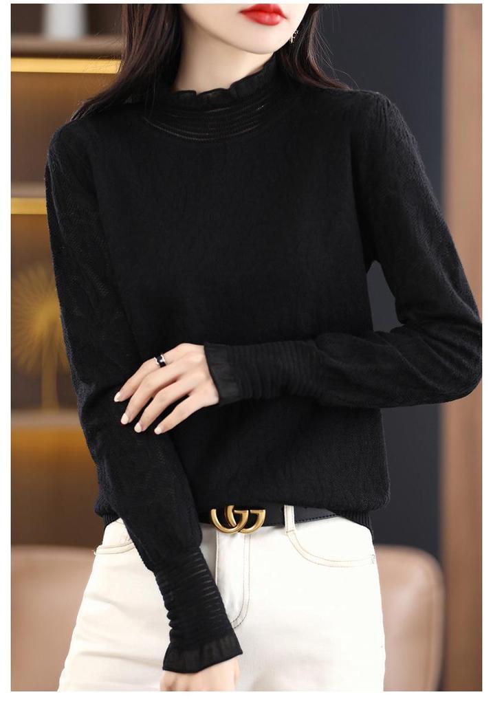 Women's Spring-Summer Chiffon Knit Top with Lace & Mesh Half-High Collar