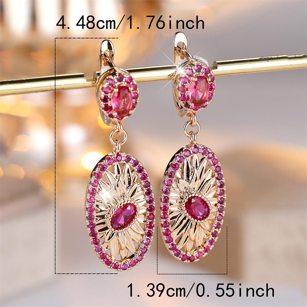 Big Oval Flower Rose Red Crystal Zircon Hoop Earrings For Women Vintage Gold Color Ear Buckle Wedding Jewelry Mother's Day Gifts
