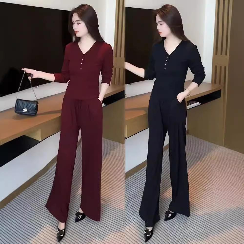 Autumn 2025 Women's Trendy Slimming V-Neck Top & Wide-Leg Pants Set