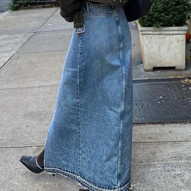 Sommer Pendler Hoher Bund Schlitz Blauer Denimrock Langer Rock Retro Hüftrock