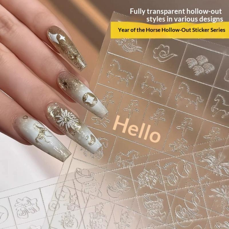 New Year Horse Fireworks Pattern Hollow Out Nail Art Stickers Colorful Nail Charm Template Stamp Manicure Decals Decoration