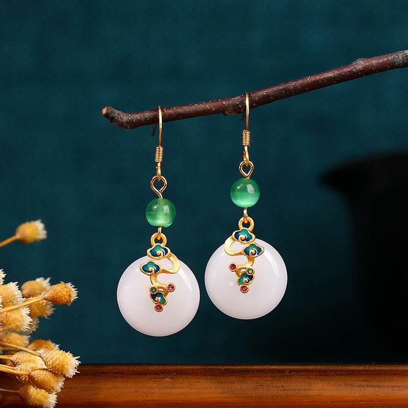 2023 Autumn/Winter Gold Plated Jade Cloud Buckle Earrings - Chinese Style Retro Cheongsam Hanfu Jewelry